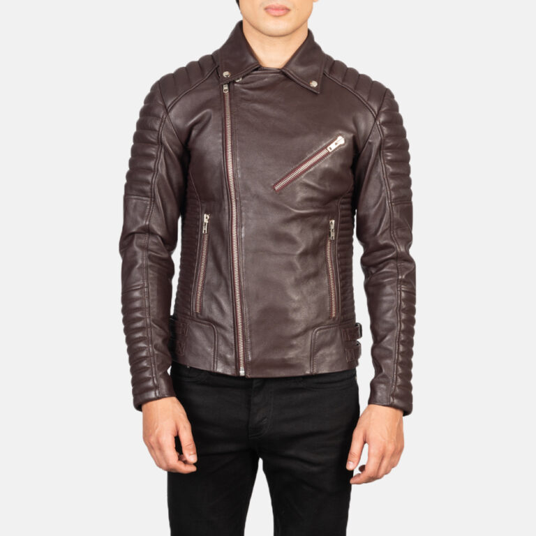 Mens Armand Maroon Leather Biker Jacket Close Front-5-1634127094490
